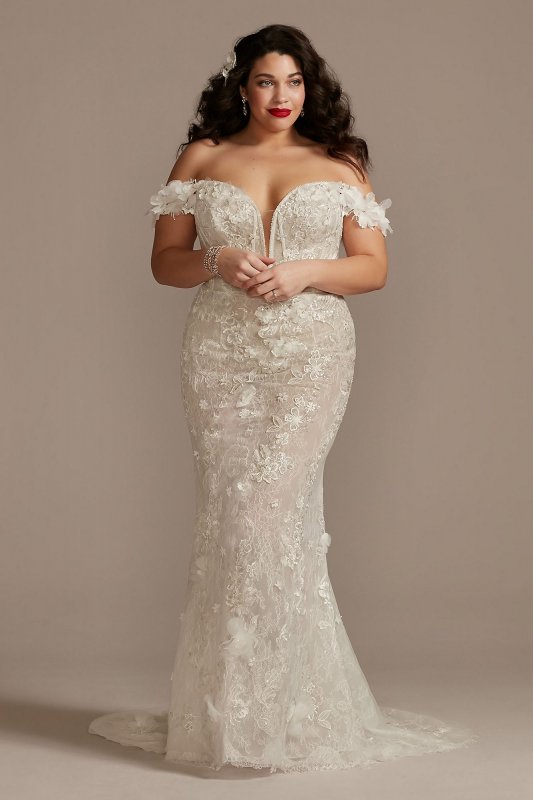 3D Floral Plunge Tall Plus Bodysuit Wedding Dress 4XL9MBSWG885