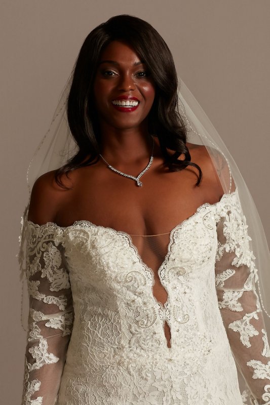 Long Sleeve Plunging Tall Plus Lace Wedding Dress 4XL9SLSWG855