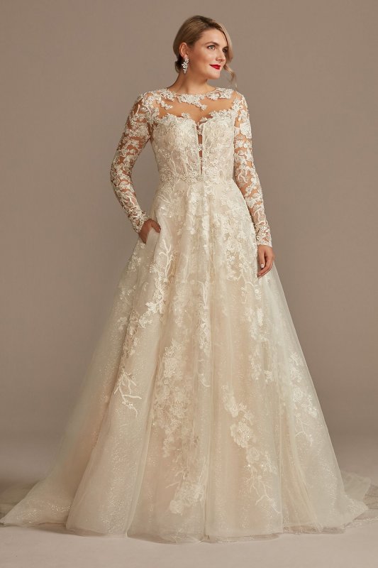 Lace Illusion Long Sleeve Petite Wedding Dress 7SLCWG833