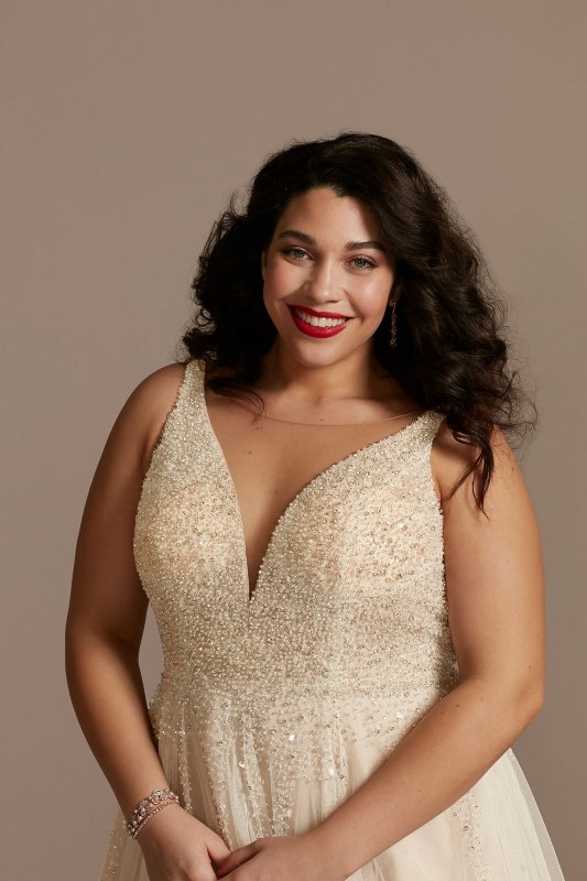 Plunging-V Illusion Beaded Plus Size Wedding Dress 9LBSWG837