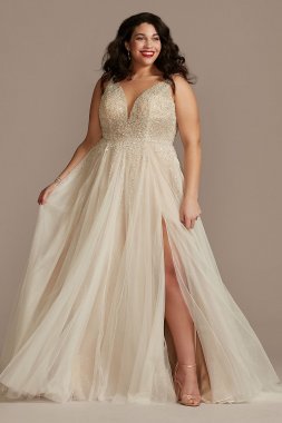 Plunging-V Illusion Beaded Plus Size Wedding Dress 9LBSWG837