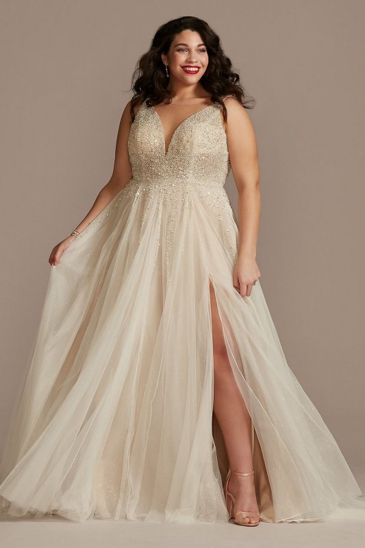 Plunging-V Illusion Beaded Plus Size Wedding Dress 9LBSWG837