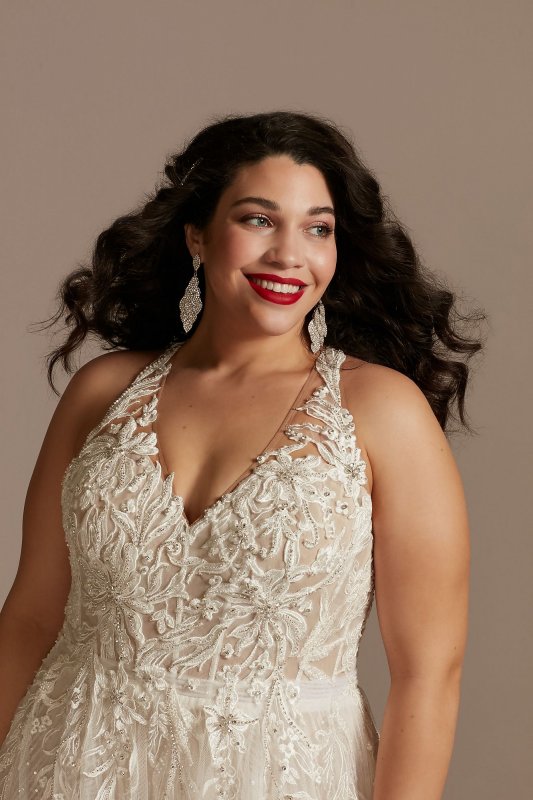 Floral Open Back Bodysuit Plus Size Wedding Dress 9MBSWG841