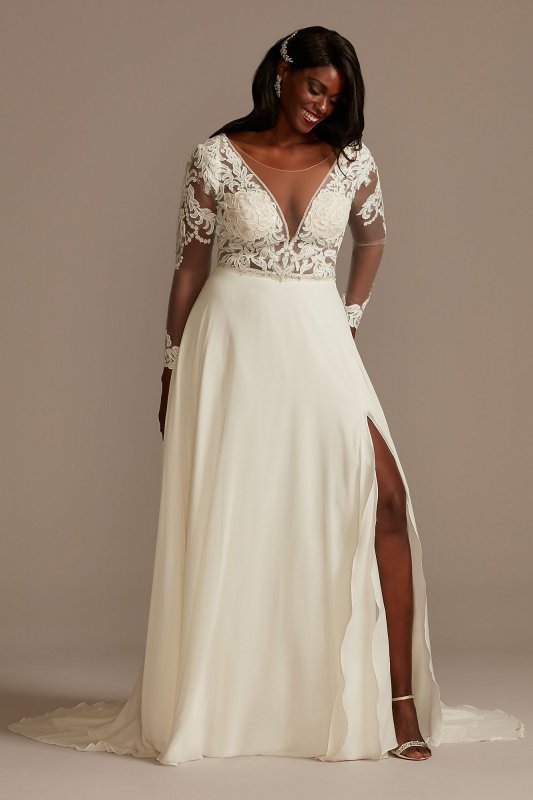 Lace Long Sleeve Chiffon Plus Size Wedding Dress 9SLSWG842