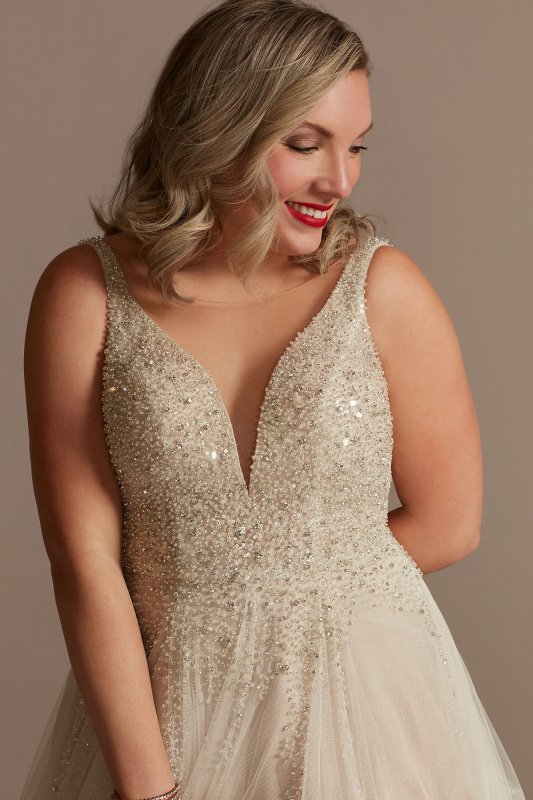 Plunging-V Illusion Beaded Bodice Wedding Dress LBSWG837