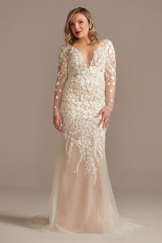 Long Sleeve Floral Illusion Bodysuit Wedding Dress LSSWG851