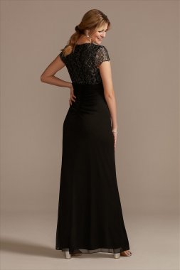 Lace Bodice V-Neck Cap Sleeve Mesh Dress WBM2478V2