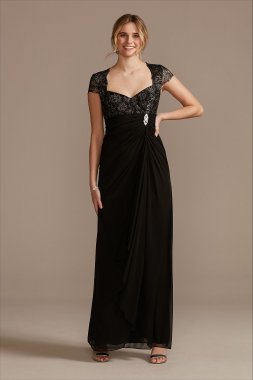 Lace Bodice V-Neck Cap Sleeve Mesh Dress WBM2478V2