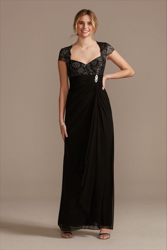 Lace Bodice V-Neck Cap Sleeve Mesh Dress WBM2478V2