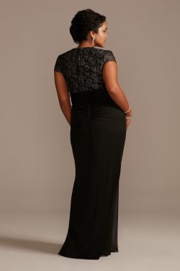 Lace Bodice V-Neck Cap Sleeve Mesh Plus Size Dress WBM2478V2W