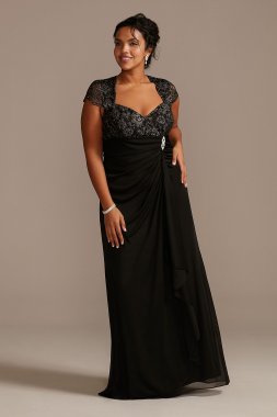 Lace Bodice V-Neck Cap Sleeve Mesh Plus Size Dress WBM2478V2W