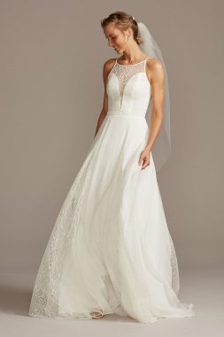 High Neck Illusion and Lace Godet Wedding Dress WG4021