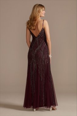 Spaghetti Strap Beaded Mesh V-Neck Sheath Dress WGIN307320D
