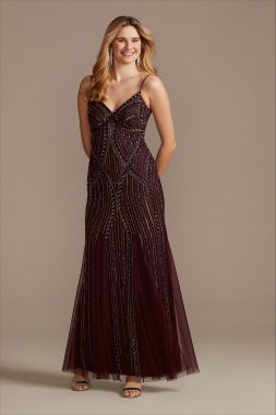 Spaghetti Strap Beaded Mesh V-Neck Sheath Dress WGIN307320D