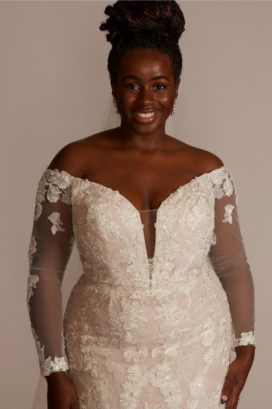 Off the Shoulder Lace Sleeve Plus Size Gown 8CWG927
