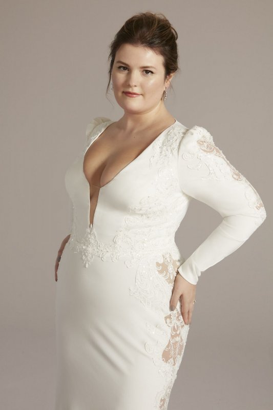 Long Sleeve Crepe Mermaid Plus Size Wedding Gown 9SWG919