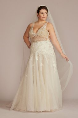Drop Waist Beaded Applique Plus Size Wedding Gown 9SWG923