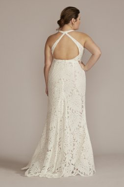 Floral Lace Halter Sheath Plus Size Wedding Gown 9WG4055