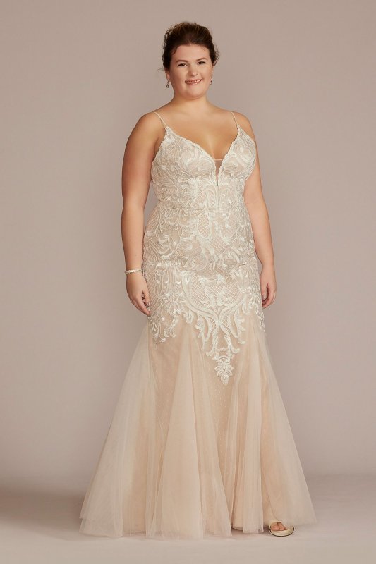 Plunging V-Neck Godet Skirt Plus Size Wedding Gown 9WG4064