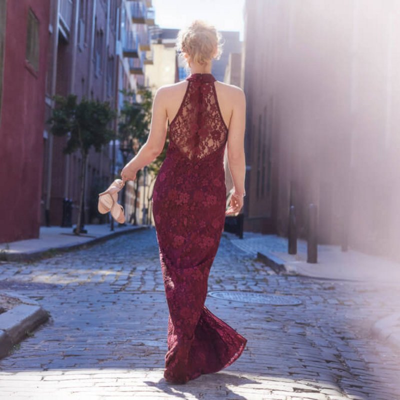 Allover Lace Halter Gown with Slit D21NY22155V1