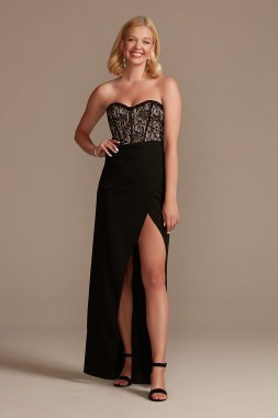 Lace Bodice Strapless Gown with Asymmetrical Waist GS28NY2103