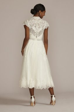 Embroidered Mock Neck Tea-Length Wedding Dress MIDMS251205