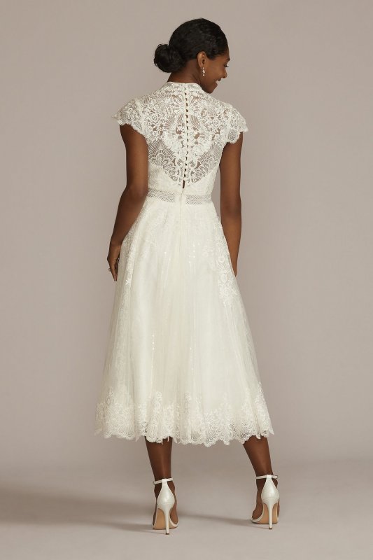 Embroidered Mock Neck Tea-Length Wedding Dress MIDMS251205