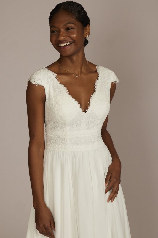 Lace Illusion Back Chiffon Tea Length Wedding Gown MIDWG4011DB