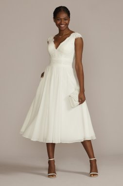 Lace Illusion Back Chiffon Tea Length Wedding Gown MIDWG4011DB