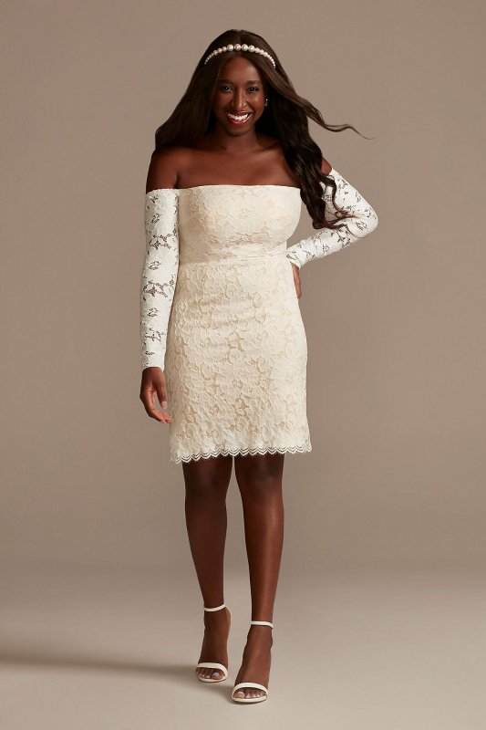 Long Sleeve Off Shoulder Stretch Lace Short Dress SDWG0979