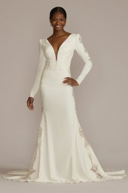 Long Sleeve Crepe Mermaid Gown with Illusion Sides SWG919