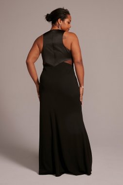 Plus Size Long Crepe Sheath Gown with Cutouts VW21012DW