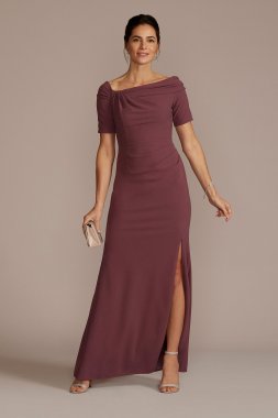 Long Crepe Off the Shoulder Sheath with Skirt Slit WBM2739