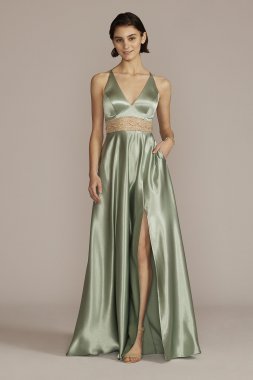 Satin Prom Gown with Embellished Illusion Waist WBM2776