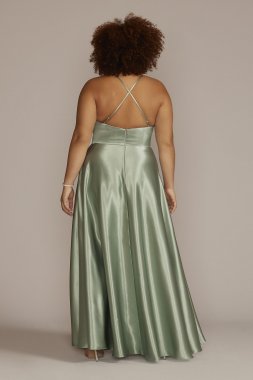 Plus Satin Gown with Embellished Illusion Waist WBM2776W