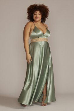 Plus Satin Gown with Embellished Illusion Waist WBM2776W