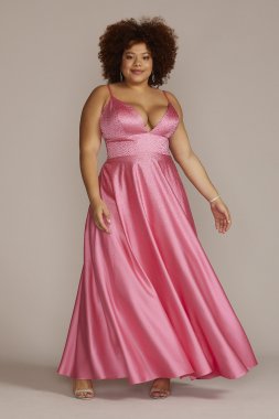 Plus Size V-Neck Crystal Embellished A-Line Gown WBM2783W