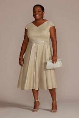 Plus Size Metallic Tea-Length A-Line Dress WBM2809W