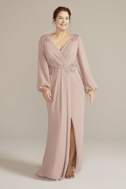 Plus Embellished Chiffon Gown with Long Sleeves WBM2815W