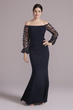 Off-the-Shoulder Crepe Gown with Illusion Sleeves WBM2965