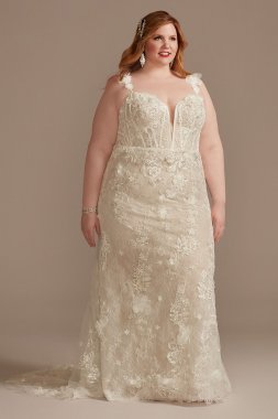 3D Floral Applique Plunge Tall Plus Wedding Dress 4XL9LSSWG885