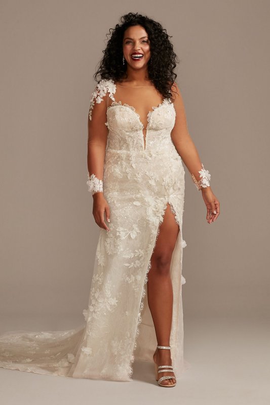 3D Floral Tall Plus Wedding Dress with High Slit 4XL9MBSWG886