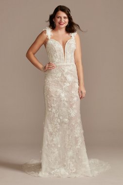 3D Floral Plunge Tall Bodysuit Wedding Dress 4XLMBSWG885