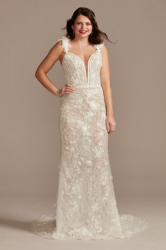 3D Floral Plunge Tall Bodysuit Wedding Dress 4XLMBSWG885