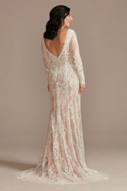 Illusion Plunge Sleeved Tall Lace Wedding Dress 4XLMS251247