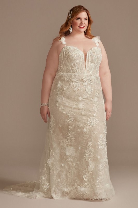 3D Floral Applique Plunge Plus Size Wedding Dress 9LSSWG885