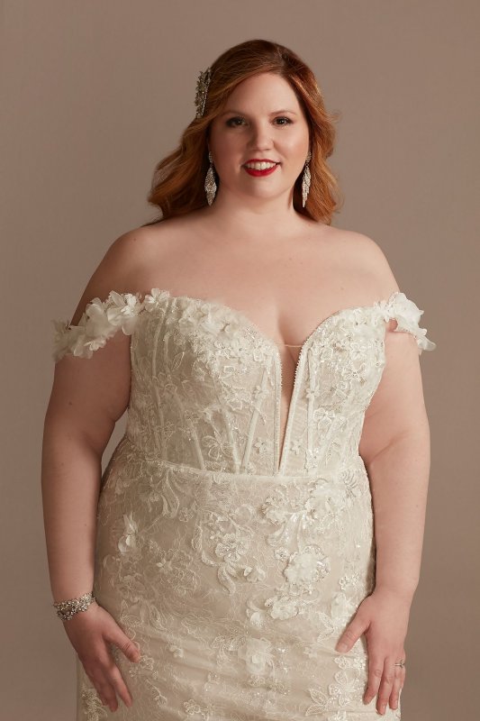 3D Floral Applique Plunge Plus Size Wedding Dress 9LSSWG885