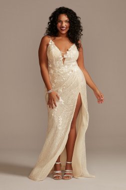 Beaded Plunge Plus Size Wedding Dress with Slit 9MBSWG887