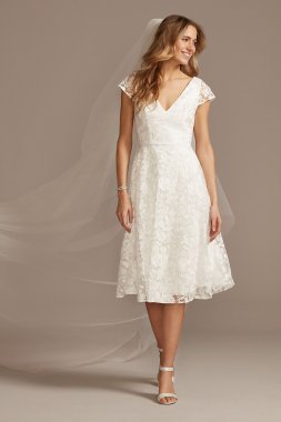 V-Neck Embroidered Lace Cap Sleeve A-Line Dress SDWG0804