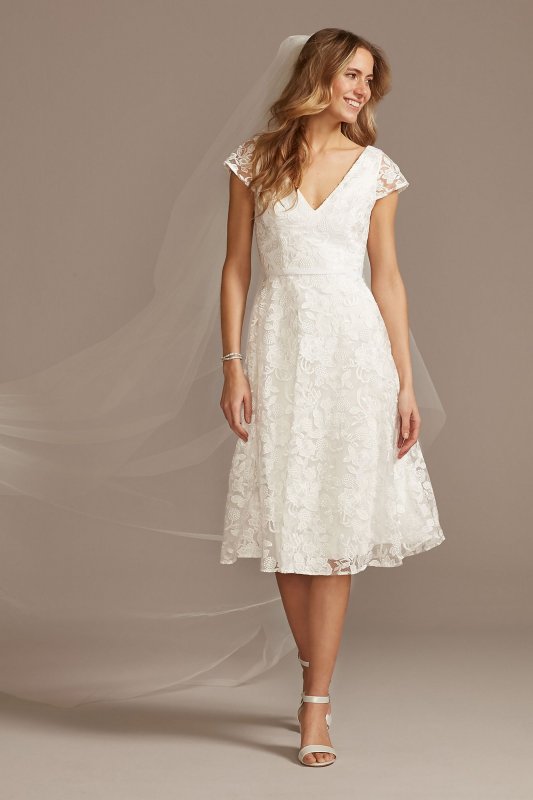 V-Neck Embroidered Lace Cap Sleeve A-Line Dress SDWG0804